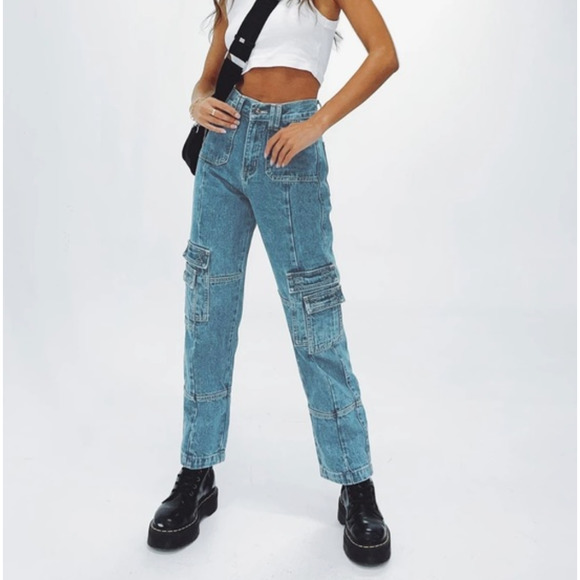 Lioness Cargo High Rise Straight Leg Jeans Medium Wash Women's Size Medium - Picture 7 of 7